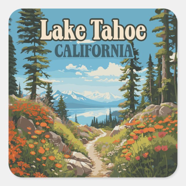 Sticker Carré Lake Tahoe California Nevada Retro Travel (Devant)