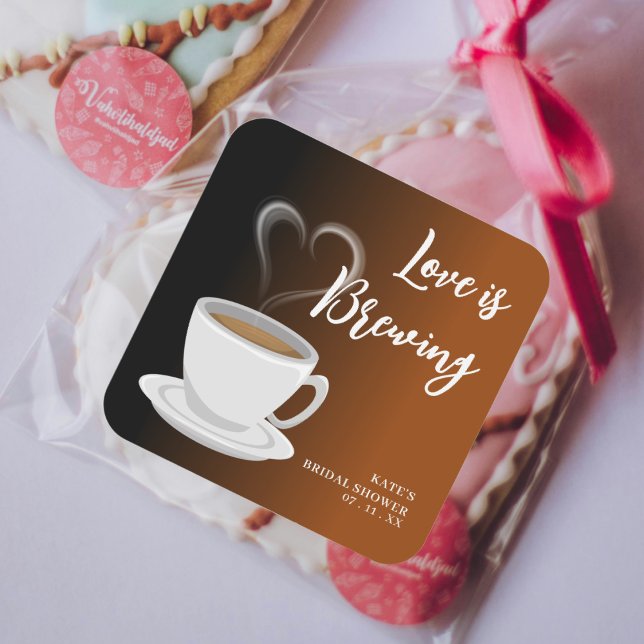 Sticker Carré L'amour brasse la terre cuite et la Fête des marié (Love is Brewing Terracotta & Black Bridal Shower Square Sticker
)