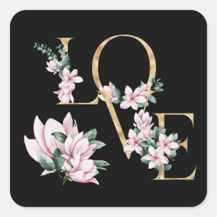 Sticker Carré L'amour dans la lettre d'or avec les fleurs de mag
