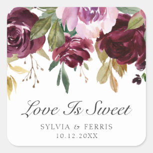 Sticker Carré L'Amour Est Doux Moody Plum Aquarelle Floral Maria