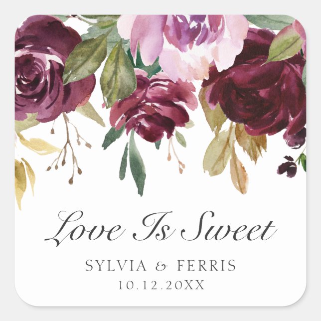 Sticker Carré L'Amour Est Doux Moody Plum Aquarelle Floral Maria (Devant)