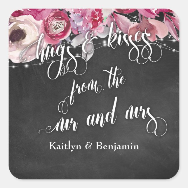 Sticker Carré Lampe Chalkboard Fleurs Hugs & Baisers de nous (Devant)