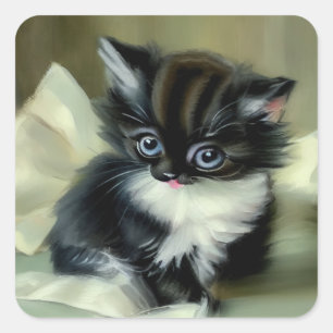 Sticker Carré Langue vintage de Kitten noir et blanc
