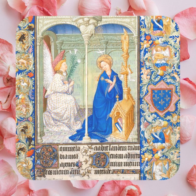 Sticker Carré L'Annonciation Vierge Marie Illumination médiévale (The Annunciation Blessed Virgin Mary Archangel Michael Medieval Manuscript Illumination Sticker)