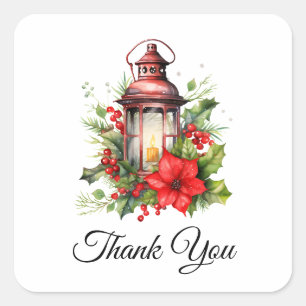 Sticker Carré Lanterne rouge de Noël Poinsettia Merci