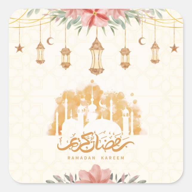 Sticker Carré Lanternes d'aquarelle florale Ramadan Kareem (Devant)
