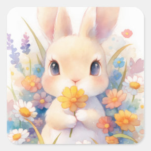Sticker Carré Lapin à la fleur jaune et fleur sauvage printanièr