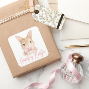Sticker Carré Lapin à l'aquarelle avec noeud rose   Lapin de Pâq