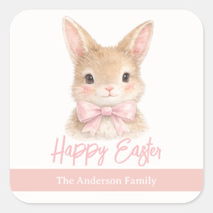 Sticker Carré Lapin à l'aquarelle avec noeud rose   Lapin de Pâq