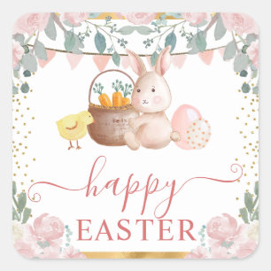 Sticker Carré Lapin à l'aquarelle et fleurs roses