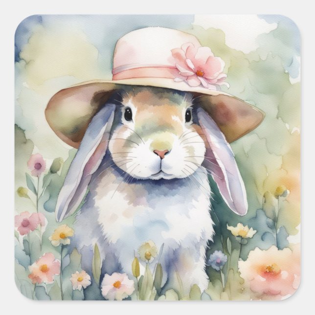 Sticker Carré Lapin aquarelle portant un nouveau Casquette (Devant)