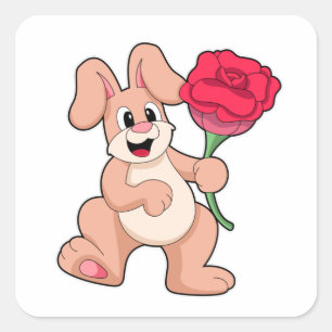 Sticker Carré Lapin avec Rose rouge
