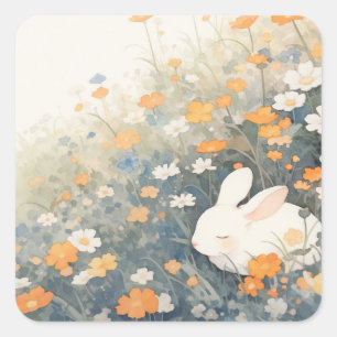 Sticker Carré Lapin Blanc Endormi aux Fleurs Sauvages Orange