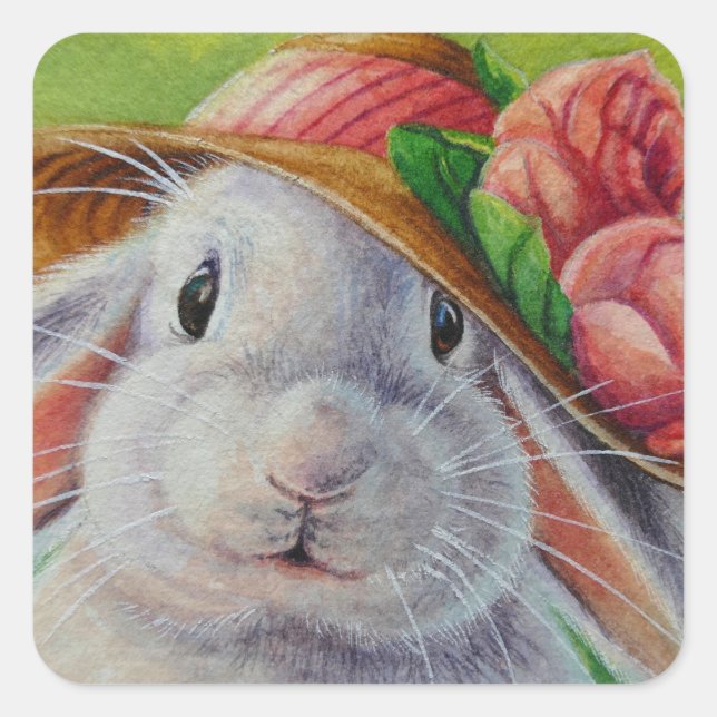 Sticker Carré Lapin blanc lapin dans l'art d'aquarelle Bonnet pr (Devant)