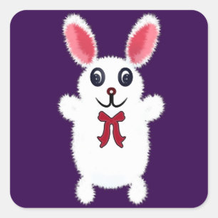 Sticker Carré Lapin Blanc Mignon et Fluffy avec Nœud Rouge - Chr