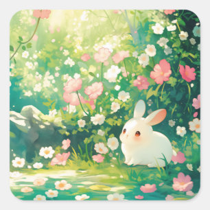 Sticker Carré Lapin blanc sous un arbre à fleurs de cerisier ros