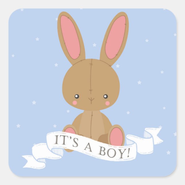 Sticker Carré Lapin Brown farci C'est un garçon ! Baby shower (Devant)