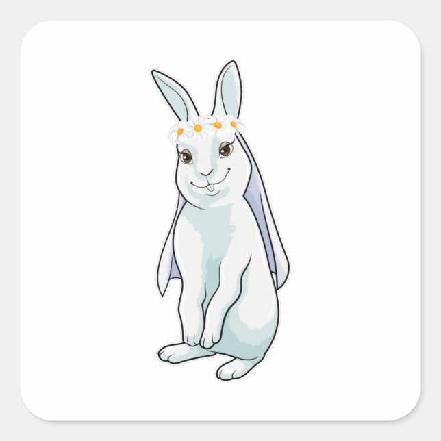 Sticker Carré Lapin comme mariée avec couronne de fleurs (Devant)
