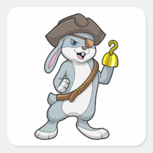 Sticker Carré Lapin comme Pirate avec crochet main et casquette