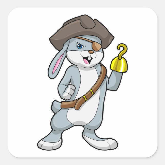 Sticker Carré Lapin comme Pirate avec crochet main et casquette  (Devant)