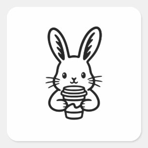 Sticker Carré Lapin curieux avec tasse à café
