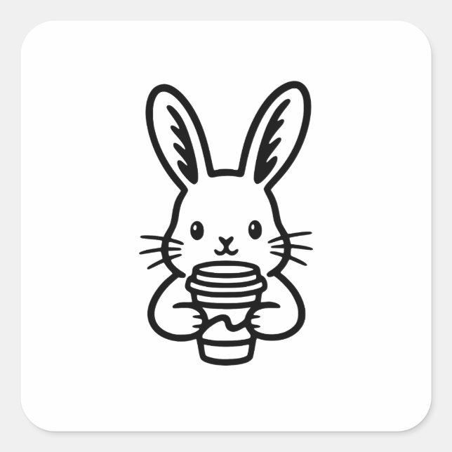 Sticker Carré Lapin curieux avec tasse à café (Devant)