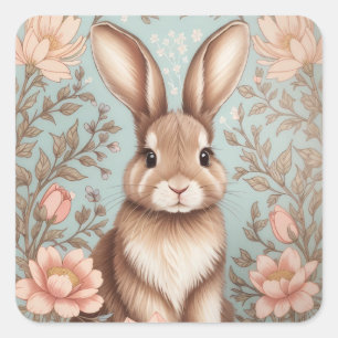 Sticker Carré Lapin de bébé mignon Floral pastel 