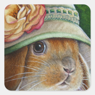 Sticker Carré Lapin de lapin Brown en Bonnet d'aquarelle de prin