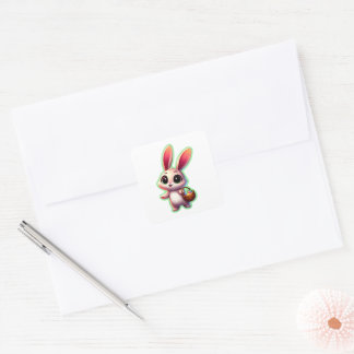 Sticker Carré Lapin de Pâques aquarelle joyeux