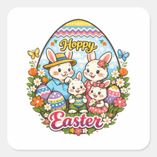 Sticker Carré Lapin de Pâques Coloré Graphique de Famille de Des