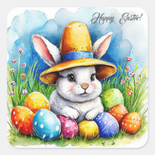 Sticker Carré Lapin de Pâques dans un casquette