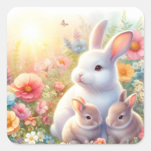 Sticker Carré Lapin de Pâques de printemps Famille Fleur Jardin