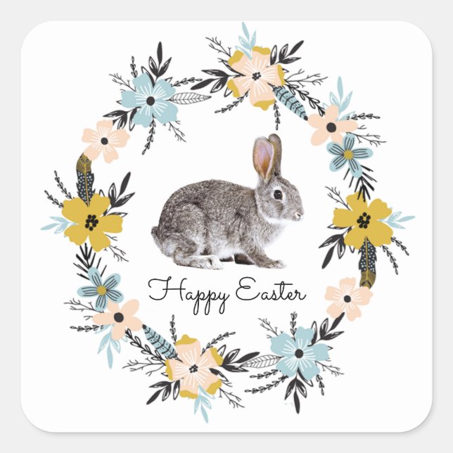 Sticker Carré Lapin de Pâques et fleurs de printemps Pâques (Devant)
