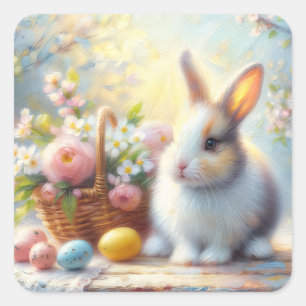 Sticker Carré Lapin de Pâques mignon avec des œufs - Lapin de pr