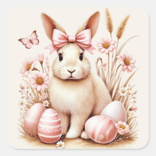 Sticker Carré Lapin de Pâques Oeufs roses Coquette Bow