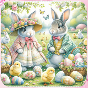 Sticker Carré Lapin De Pâques Tous Habillés De Couleurs De Print