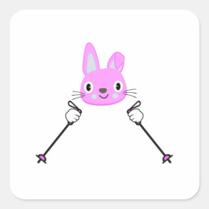 Sticker Carré Lapin de ski avec bâtons de ski