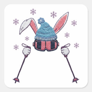 Sticker Carré Lapin de ski en laine factice humour d'hiver