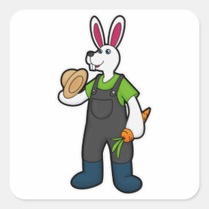 Sticker Carré Lapin en fermier avec carotte et Casquette