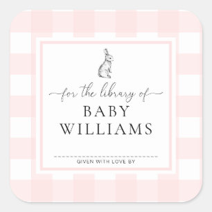 Sticker Carré Lapin En vichy Rose Pour La Bibliothèque De Plaque
