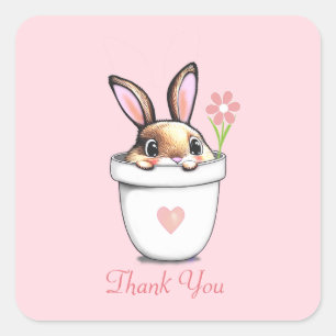 Sticker Carré Lapin intelligent avec fleur et cœur sur fond rose