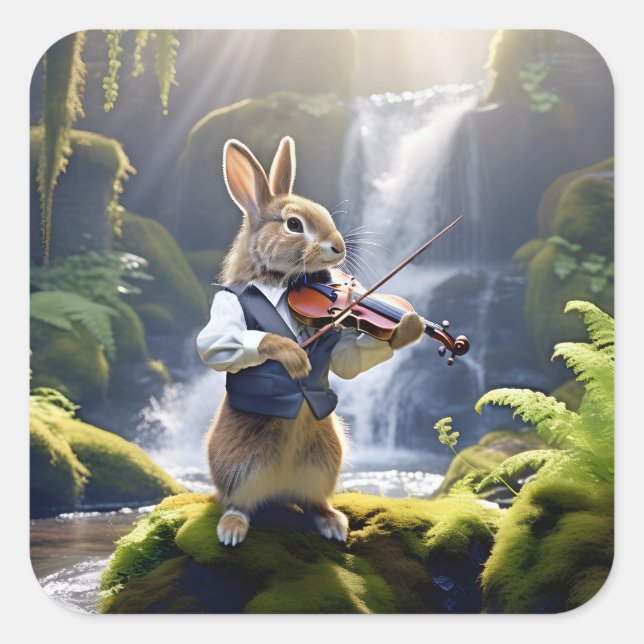 Sticker Carré Lapin jouant au violon dans une belle forêt tropic (Devant)