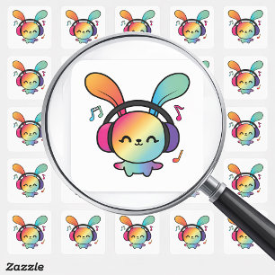 Sticker Carré Lapin joyeux avec casque audio écoutant de la musi