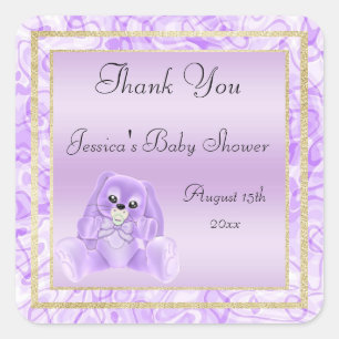 Sticker Carré Lapin Lilas Mignon Remerciement Baby Shower