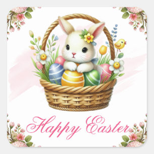 Sticker Carré Lapin Mignon avec des Oeufs Colorés Joyeuses Pâque