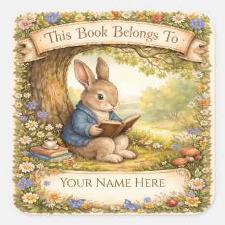 Sticker Carré Lapin Mignon Lisant un Livre - Ex-libris