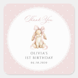 Sticker Carré Lapin, Nœud Rose, Points Roses, Premier Anniversai