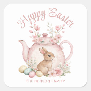 Sticker Carré Lapin personnalisé et théière florale rose Joyeuse