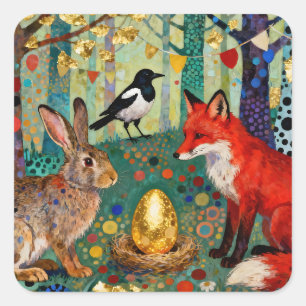 Sticker Carré Lapin, Pie, Renard et «L'œuf de l'oie dorée»