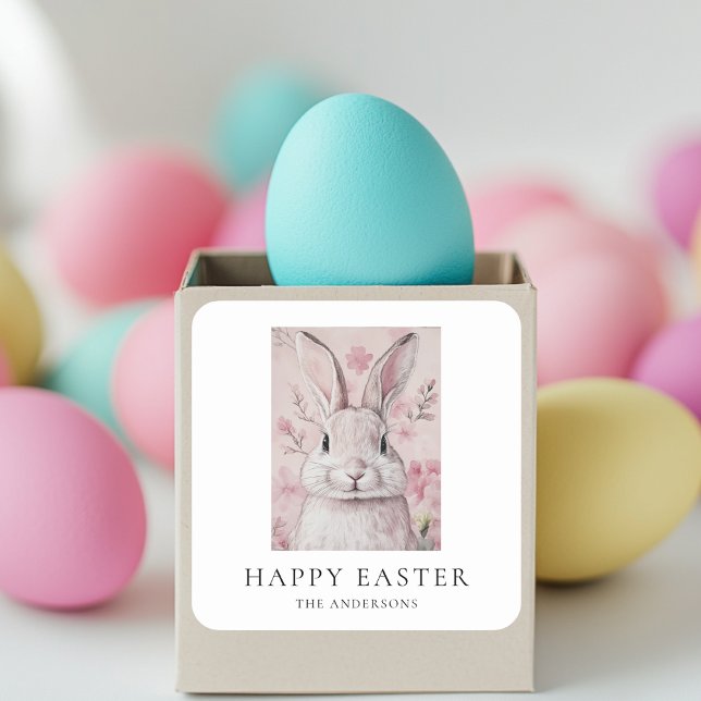 Sticker Carré Lapin rose avec fleur Pâques (Créateur téléchargé)